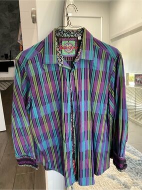 Robert Graham Multistripe Button-Down Shirt — Purple, Teal, Black